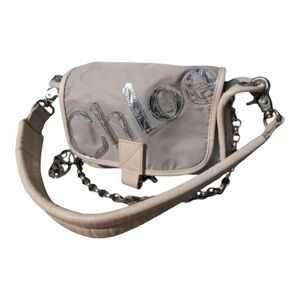 RARE! Chloe silver metallic waterproof nylon leather trimmed shoulder bag